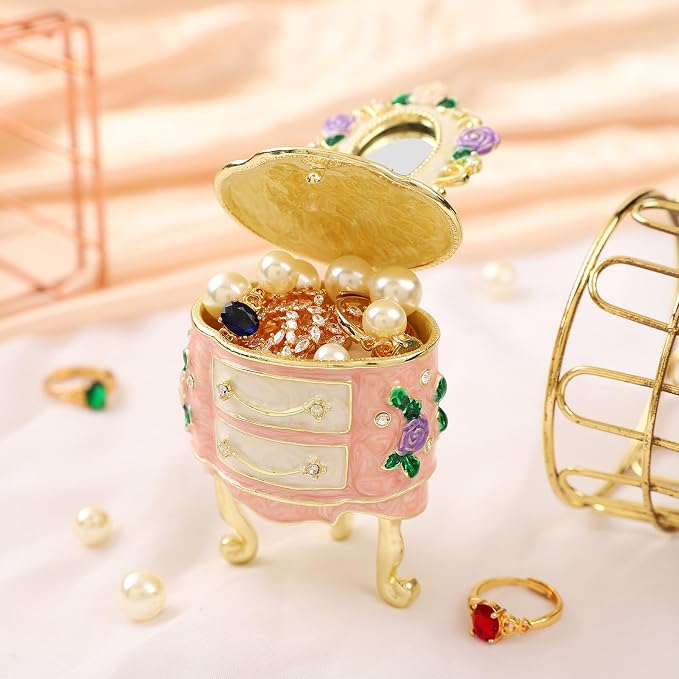 QIFU Hand Painted Pink Dressing Table Style Enamel Trinket Box Hinged, Elegant Small Jewelry Box
