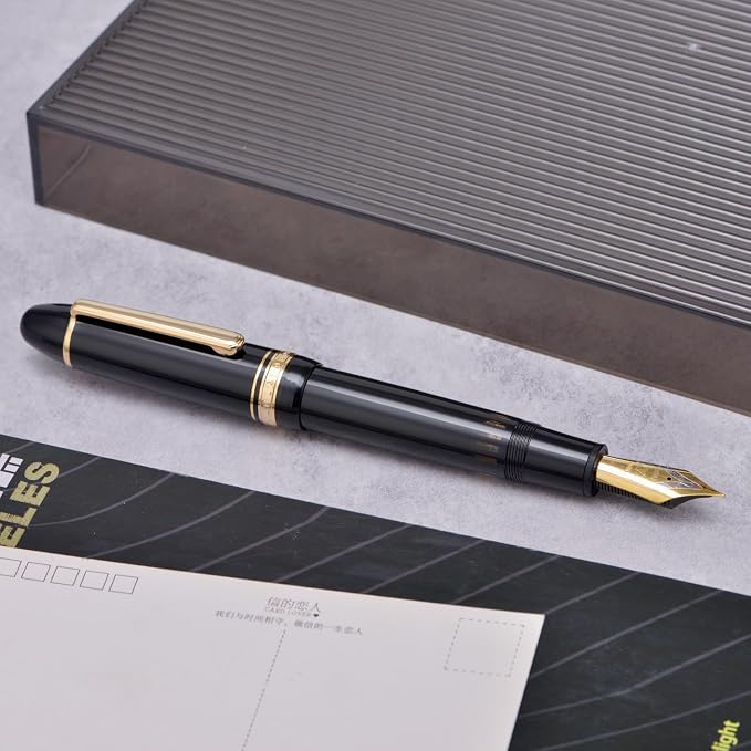 Yongsheng Junlai 930 Acrylic Fountain Pen, Size 9 Broad Nib with Piston Filling System, Piano Black Fence Ink Tank with Torpedo Shape Design Large Hand Pen (Gold Trim)