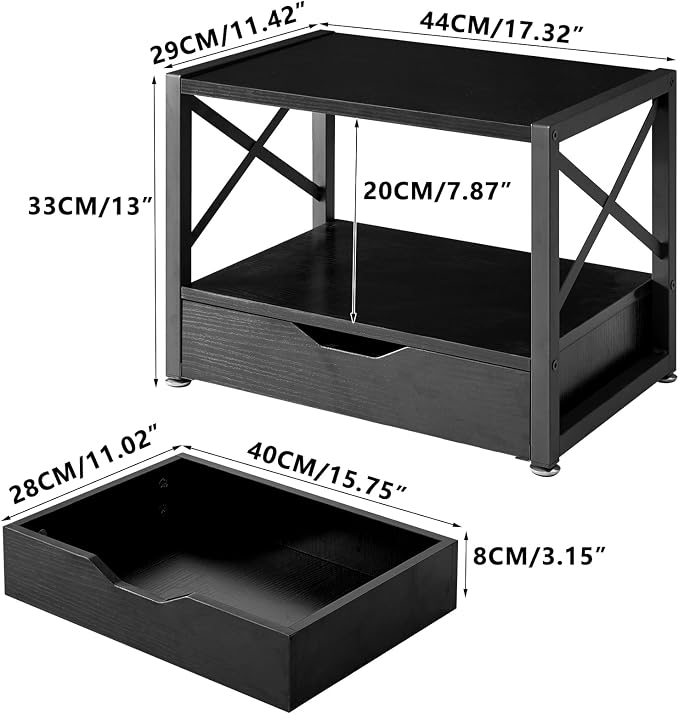 IBUYKE 2 Tier Desktop Printer Stand with Drawer Storage TLJ006B | Multi-Purpose Desk Organizer,Wooden Printer Stand for Folders,Books,for Fax Machine, Scanner,Home Office