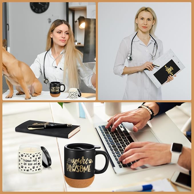 Sayglossy 4 Pcs Veterinary Gift Set Thank You Gift for Vet Tech Veterinary Assistant Animal Lover Pet Groomers Trainer Paw Print Notebook Coffee Mug Scented Candle Pen for Vet Tech Week Dog Sitter