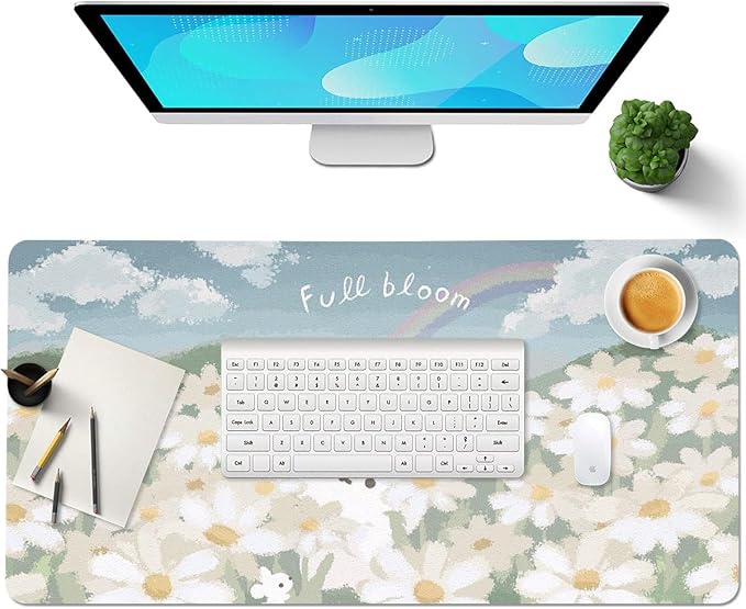 Cute Kawaii Cat Flower Large Mouse Pad, PU Leather Desk Pad Protector, Non-Slip Computer Desk Writing Mat, Gaming Keyboard Mouse Pad, Office Desk Accessories