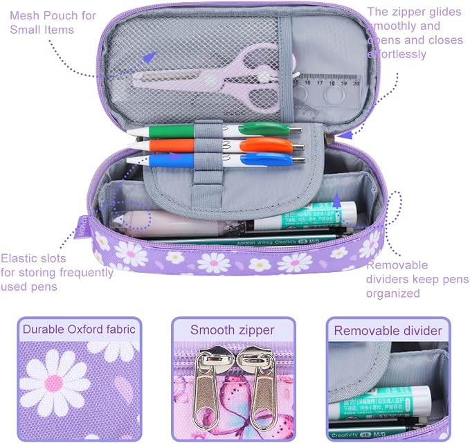 RHCPFOVR Kids Pencil Case for Girls-Soft Zipper Large Capacity Pencil Pouch for Girls Pencil Case for School Pencil Bag for Toddler (Purple Flower)