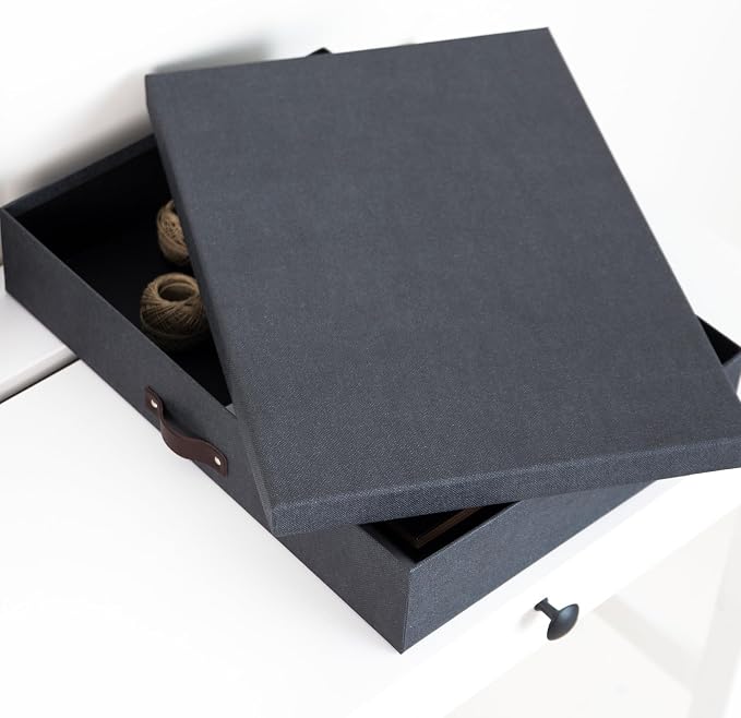 Bigso Sverker Fiberboard Legal/Art Storage Box - Scrapbook Storage Box for Papers, Photos, and More - Durable Keepsake Boxes with Lid and Leather Handle - 3.3in x 17.1in x 12.2in - Black