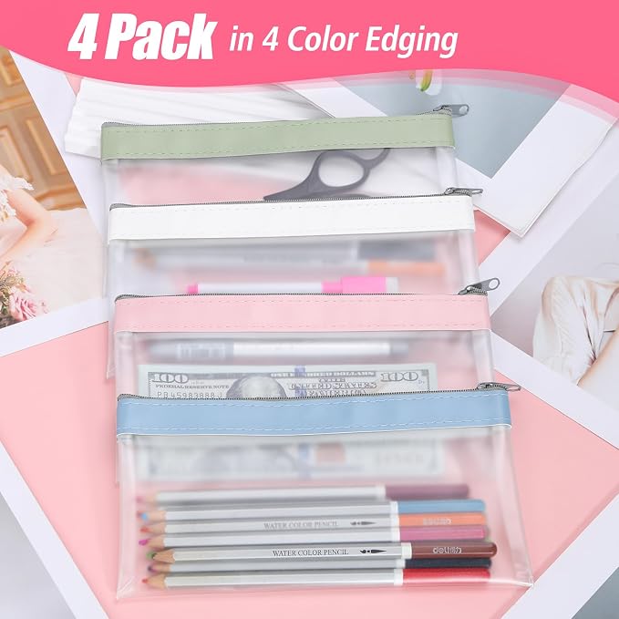 4 Pack Clear Pencil Pouch, Cute Pencil Case, Pencil Bag With Zipper | Teen Portable Pencil Pouch for School & Stationery Supplies