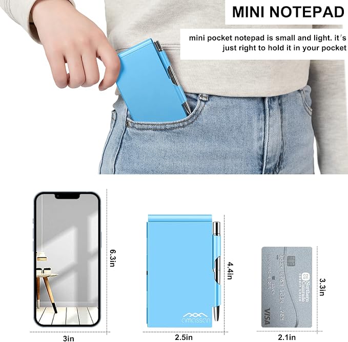 amassan Metal Pocket Notebook, Small Pocket Notepad Aluminum Note Case with Mini Metal Pen and 60-Page Sheets (Blue)
