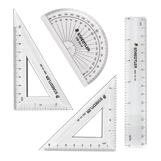 STAEDTLER Math Set - 4 pc Geometry Kit for Students - School Supplies with Clear Protractor, 6in Ruler & 2 Triangles – Metric & Imperial Scales (Pack of 3)