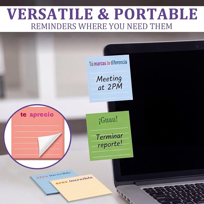 Yinder 24 Pcs Inspirational Sticky Notes, Back to School Supplies, Cute Motivational Sticky Notes Pad Employee Appreciation Gifts Bulk for Teacher Coworker Office 3 x 3'' (Spanish,Light)