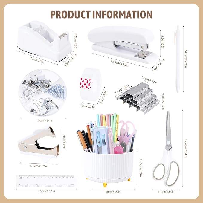 Gawsey White Desk Organizers and Accessories with Desk Organizer 360° Rotating Pen Holder and Office Supplies, Cute Stationery Supplies Set