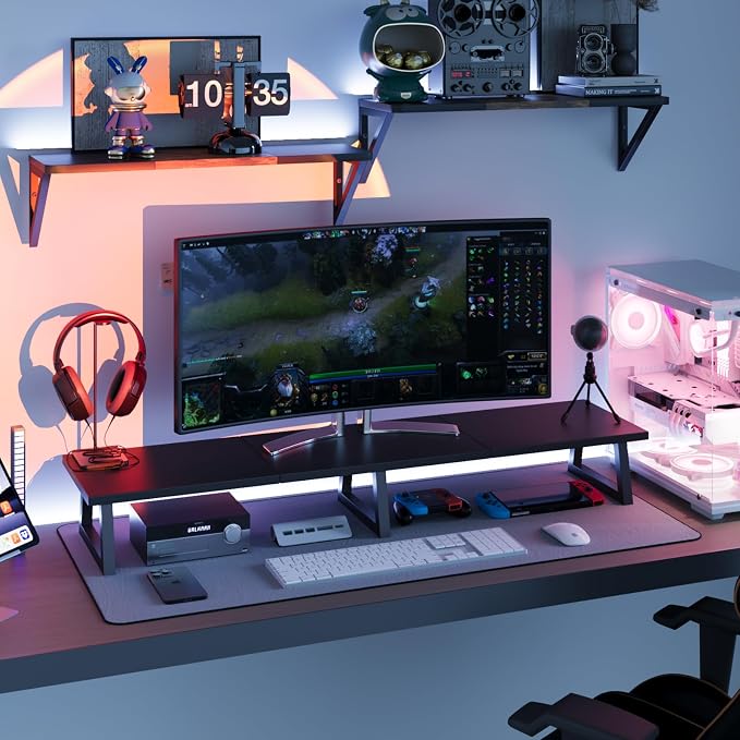 TEAMIX 42 inch Large Dual Monitor Riser, Desk Organizer Stand for TV Laptop | Extra Long Computer Stand Shelf, Wood & Steel TV Riser, Holds 300lbs, Keyboard & PS5 Storage Below, For Home Office & Gaming