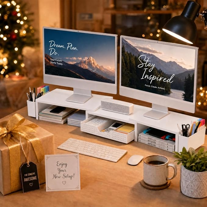 OPNICE Desk Organizers and Accessories, Dual Monitor Stand Riser with Drawer and 2 Pen Holders, Desk Shelf Metal Computer Racks for Office Workspace Organizers, Desktop Organization (White Metal)
