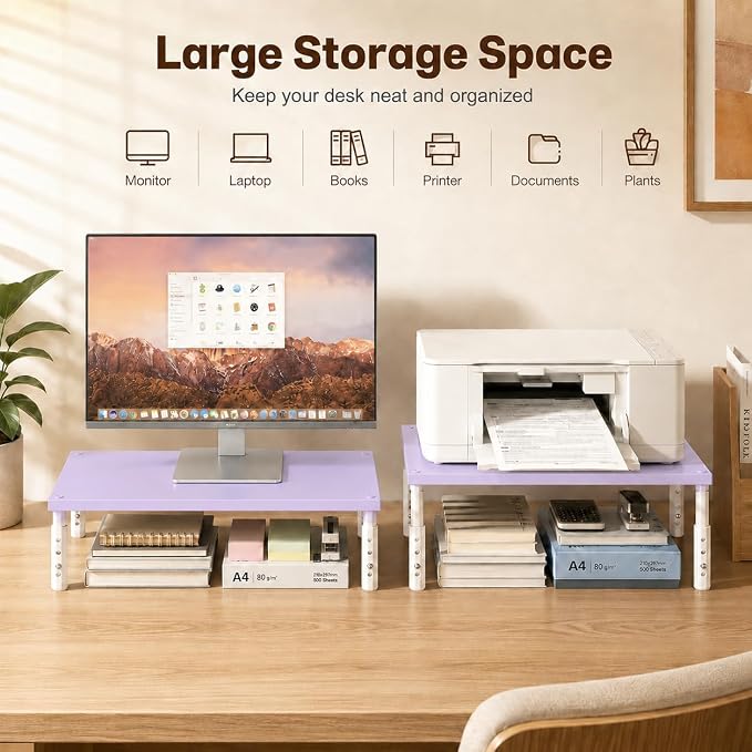 OPNICE Desk Organizers and Accessories, Adjustable Computer Monitor Stand Riser, Laptop Stand, Office Desk Accessories & Workspace Organizers for Women, Purple Wood
