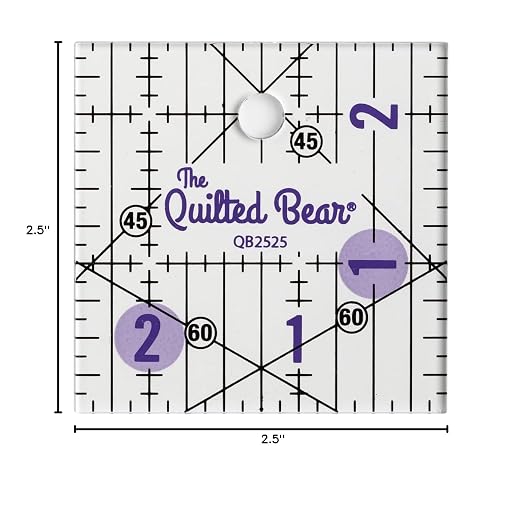 The Quilted Bear Square Quilting Ruler, Transparent Acrylic, 2.5" x 2.5" | Non-Slip, Precise Bold Lines, 30, 45 & 60 Degree Angles, 3mm Thick Transparent Acrylic, for Quilt Blocks, Sewing & Craft