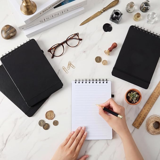 Qeeenar 4 Pack Small Spiral Notebooks 6 x 9 Inch, Black Leather Cover Top Bound Wirebound Notepads with 50 Sheets Lined Pages for Office School Travel Work Daily Notes and Lists
