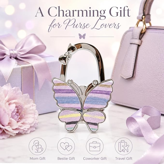 Purse Hook for Table, Foldable Handbag Hanger for Women, Portable Bag Holder with Non-Slip Base, Cute Stripes Purple Butterfly Purse Table Hook for Restaurant Office Travel Gift