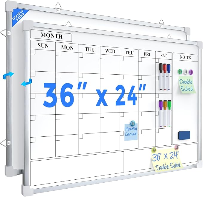 MaxGear Double Sided Magnetic Dry Erase Board Calendar, 36" x 24" | Aluminum Frame Whiteboard for Wall, Double-sided, Monthly Planner, 6 Markers & 6 Magnets included, portable for Home, Office