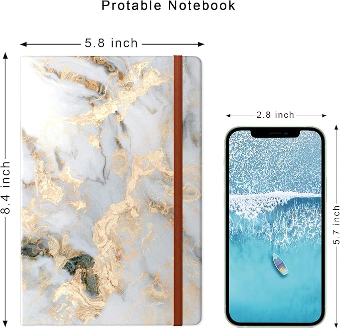 Lined Journal Notebook, Marble Hardcover, Medium 5.7 x 8.4 in, 160 Pages Thick Paper, Cute Aesthetic College Ruled Notebook for Journaling Writing Work Office School Women Men, Gray White Gold