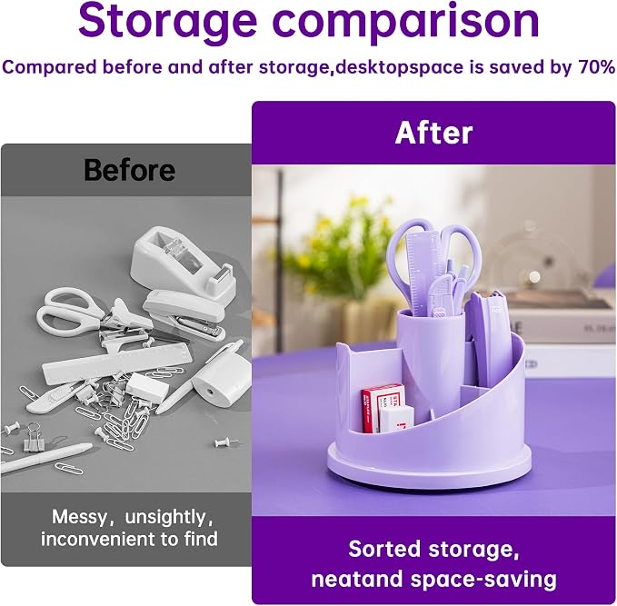 deli Office Supplies Set, Purple Desk Accessory Organizer Kit, Stapler Set, Rotating Multi-Functional Pen Holder, Tape Dispenser, Pens, Binder Clips, Sharpener, Scissor, Eraser, Purple Office Supplies