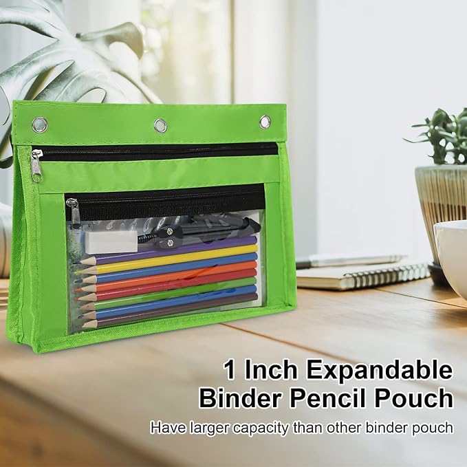 YoeeJob 2 Pack 1 Inch Expandable Zipper Pencil Pouches with Clear Window for 3 Ring Binder, Suitable for School & Office(Green)