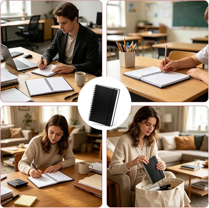 4 Pack Small Spiral Notebooks 3.5 x 5.5 in College Ruled, Mini Spiral Notebook, Waterproof 80 Sheets/160 Pages, Pocket Notebook with 120 Pcs Sticky Index Tabs for Home Office College School (Black)