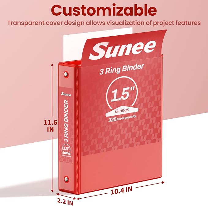 SUNEE 1.5 Inch Binders 3 Ring 6 Pack, Clear View Three Ring 1 1/2 Inch Binders PVC-Free (Fit 8.5x11 Inches) for School or Office Supplies, Classic 6 Colors