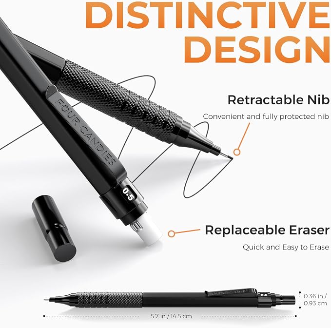 Four Candies Metal Mechanical Pencil Set, 4PCS 0.3, 0.5, 0.7, 0.9MM Mechanical Pencils & 2MM Drawing Pencil with 9 Tubes Lead Refills (4B 2B HB 2H Color) for Student Writing Artist Sketching - Black