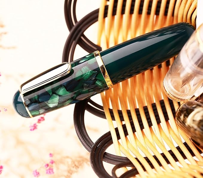 Lanxivi Majohn Q1 Fountain Pen Medium Point Green Acrylic, Little Fat Man Eyedropper Filling Pocket Pen Large Capacity