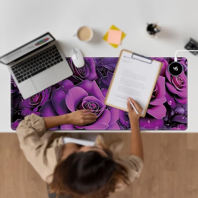 Heated Desk Pad Large Mouse Pad 31.5 x 13 inch with 3 Levels Heating & Auto Shut-Off Warm Mouse pad PU Leather Computer Mousepad for Home Office Work - Purple Rose Flowers