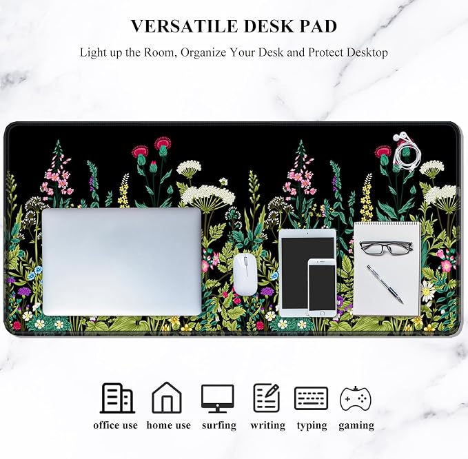 Auhoahsil Desk Pad, XL Extended Large Gaming Mouse Pad 31.5 x 11.8 Inch, Waterproof Mousepad with Stitched Edges, Non-Slip Computer Keyboard Laptop Mat for Women Men Office Work, Silent Night Flowers