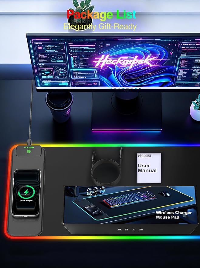 Wireless Charging Mouse Pad Gaming, 31.5"x11.8" Large Desk Mat, Waterproof | RGB Mousepad, Smooth Glide, Stitched Edge, Non-Slip Rubber Base, Desk Pad Computer Keyboard Mat, No Adapter