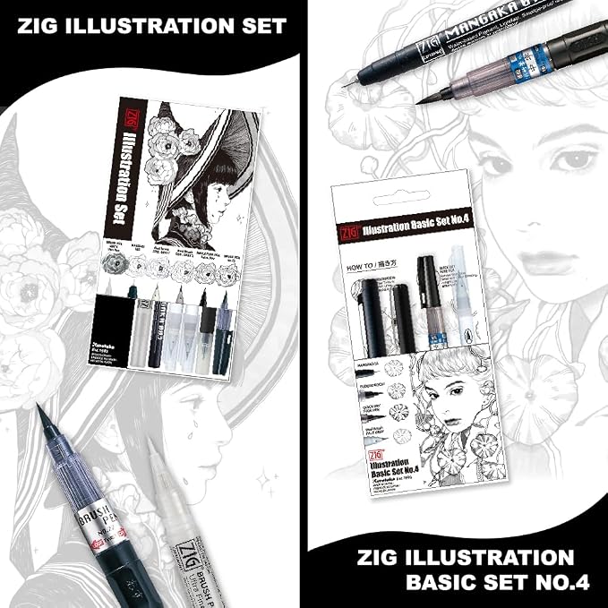 Kuretake Zig Inktober pen set, for Illustration, Manga Drawing, Lettering and Calligraphy, Professional Artist, Made in Japan (Basic No.4(4pcs.))