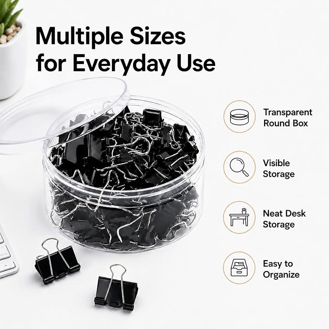 Binder Clips Assorted Sizes, Durable Metal Binder Clips for Office, Cute Desk Supplies for Teachers Student (60, Black)