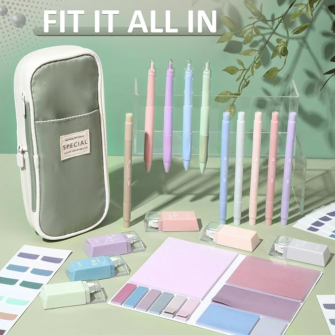 38 Pcs Aesthetic Office Supplies with Pen Case Sticky Notes Gel Pens Highlighters Correction Tapes Stationery Kit for Office Work Coworkers(Morandi Color,Cute)