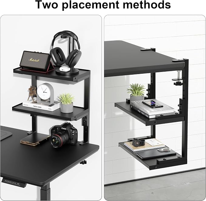2-Tier Desk Shelf, Black | Desk Organization Expandable Clamp on Desk Shelf Desktop Accessories for Offices and Game Rooms