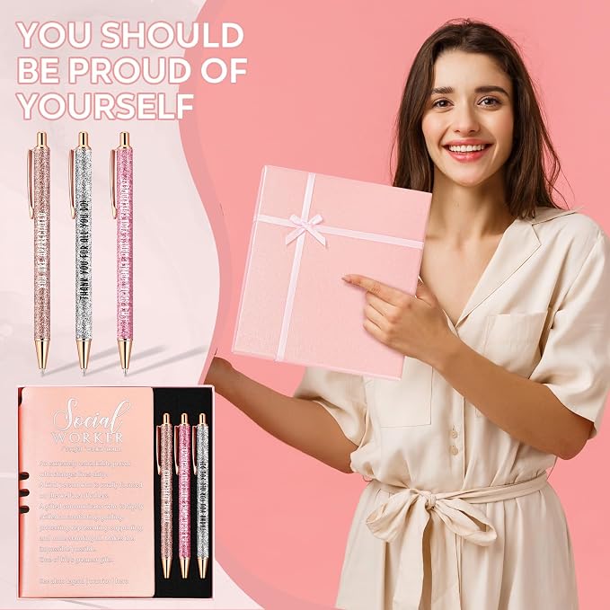 Resurhang 5 Pcs School Social Worker Must Haves Office Supplies Gift Leather Journal Notebook 3 Ballpoint Pens with Box Thank You Social Work Appreciation Gift for BSW MSW DSW(Pink)