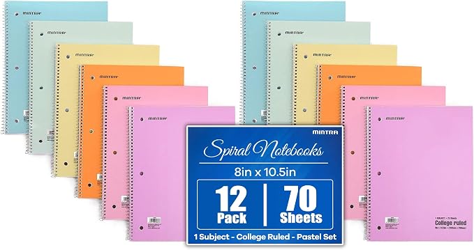 Mintra Office Spiral Notebooks, Wirebound, Journals for School, Work, Business, Aesthetic Stationery, Writing Pads, Teacher & Student Supplies (12, Pastel, College)