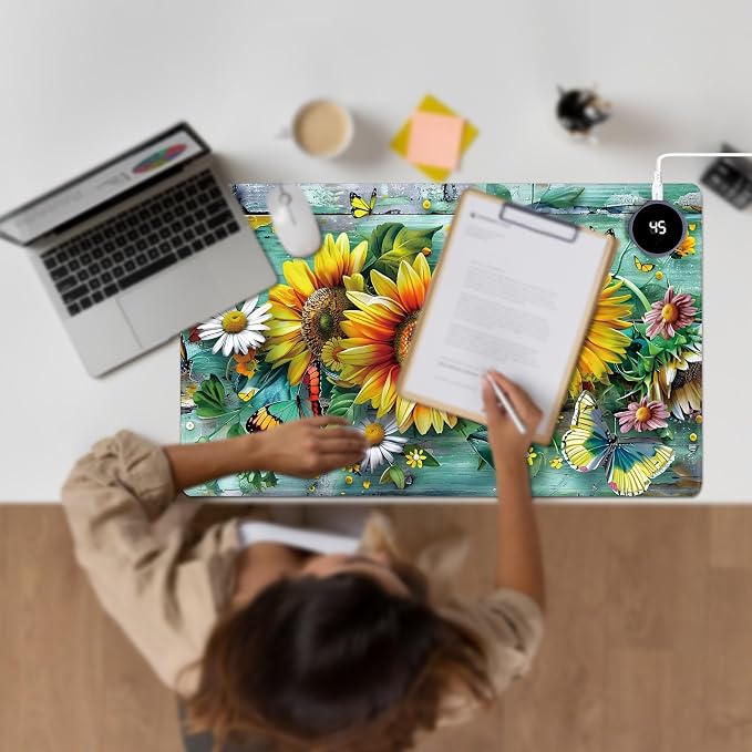 Heated Desk Pad Large Mouse Pad 23.6 x 14.1 inch with 3 Levels Heating & Auto Shut-Off Warm Mouse pad PU Leather Computer Mousepad for Home Office Work - Flower Butterflies