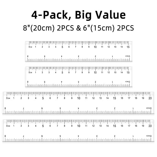 4 Pack Clear Plastic Rulers, 6 Inch & 8 Inch Straight Ruler Set, Transparent Metric & Inch Measuring Rulers for School, Office, Home, Kids, Drafting and Craft