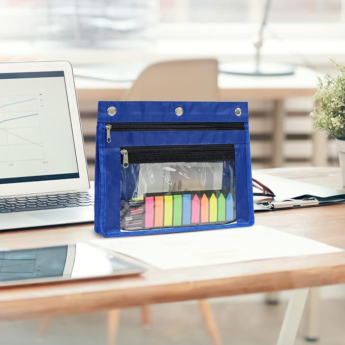 YoeeJob 2 Pack 1 Inch Expandable Zipper Pencil Pouches with Clear Window for 3 Ring Binder, Suitable for School & Office (Blue)