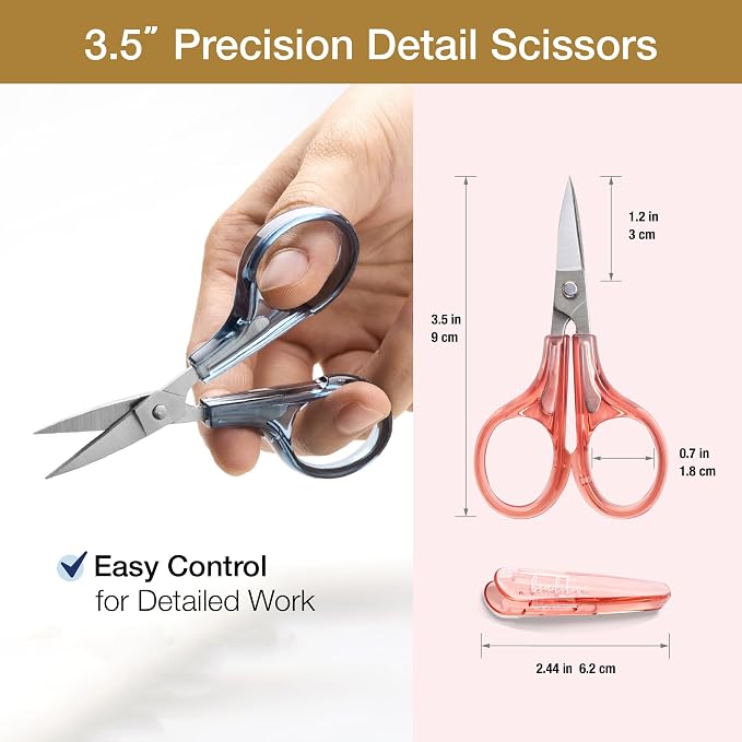Beaditive Detail Craft Scissors Set (2 pcs) Curved and Straight, Sharp, Compact | Sewing, Embroidery, Paper Cutting, Crafting | Stainless Steel | Protective Cover (Blue&Pink)