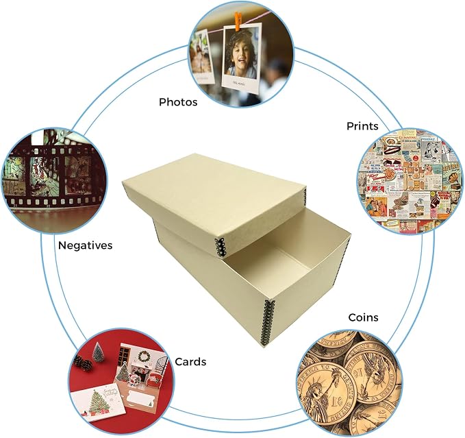 Lineco Archival Photo Card Box, Museum-Quality Storage, 4x6x12 Inch, Tan | Acid-Free with Removable Lid, Metal-Edge Corner, Bulk Storage and Preservation for Negatives, Prints, Films, Photos, Snapshot