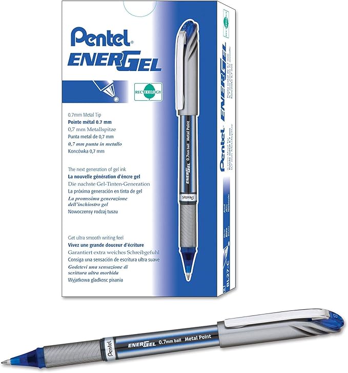 Pentel ENER-GEL NV Liquid Gel Pen, 0.7mm, Medium Line Capped, Metal Tip, Blue Ink, Box of 12 (BL27-C)