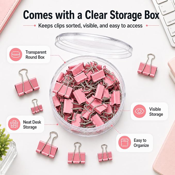Binder Clips Assorted Sizes, Morandi Colors, Durable Metal Binder Clips for Office, Cute Desk Supplies for Teachers Student (Pink - 1 Box)