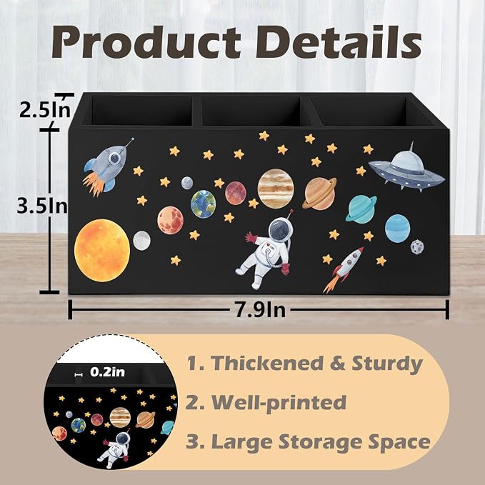 Outer Space Decor Wooden Pen Pencil Holder for Desk, Astronaut Space Themed Bedroom Decor Gift for Kids, The Solar System Wood Makeup Brush Toothbrush Holder Organizer for Library Bedroom