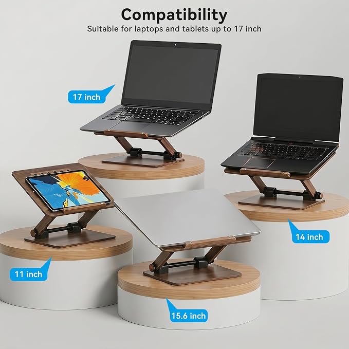 aceyoon Walnut Wood Laptop Stand 180° Adjustable Retro Style Foldable Notebook Riser Heat Dissipation Vintage Desktop Book Stands Natural Grain Laptop Bracket Compatible with 10-15.6” Laptops