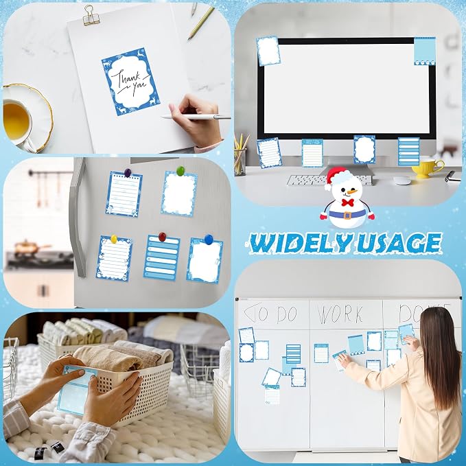 Chiisong 12 Pcs Christmas Sticky Notes Christmas Design Self Adhesive Note Pads Winter Snowflake Sticky Memo Blue Cartoon Snowman Penguin Notepad for Xmas Gift Office Home Supplies Present