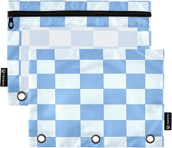 Blue Checkered White Buffalo Plaid Pencil Pouch for 3 Ring Binder 2 Pack Zipper Binder Pencil Bag Case with Clear Window Office Supplies