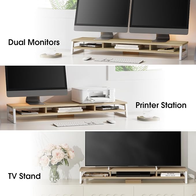 Fenge Dual Monitor Riser for Desk, Open Shelf with 3 Storage Compartments | 42.5in Computer Monitor Stand, 2-Tier Desk Shelf for Top of Desk,One-Piece Panel, fit Ultrawide Monitor, PC, Laptop, Oak
