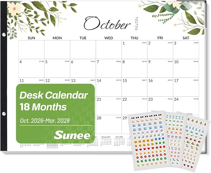 SUNEE Desk Calendar 2026-2027 Large 22x17 from October 2026 to March 2028, Extra Large Desktop Monthly Calendar Pad 18 Months For Teacher or Office, Desk Top, Greenery