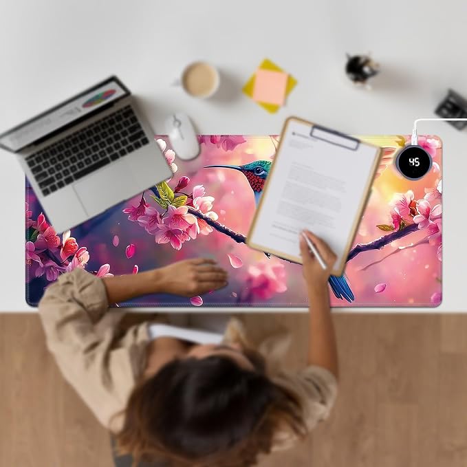 Heated Desk Pad Large Mouse Pad 31.5 x 13 inch with 3 Levels Heating & Auto Shut-Off Warm Mouse pad PU Leather Computer Mousepad for Home Office Work - Cherry Blossom and Hummingbird