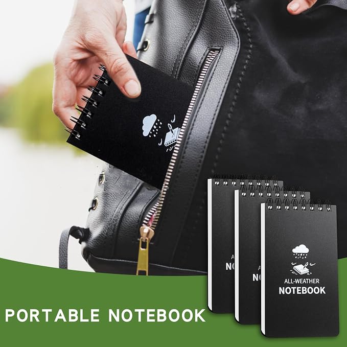 Waterproof Notebook, 8 Pack Pocket Notepad, 3" x 5" Top-Spiral Weatherproof NotePad, All Weather Police Pocket Notebook Mini Memo Steno Note Pads for Outdoor Office School Recording, Black